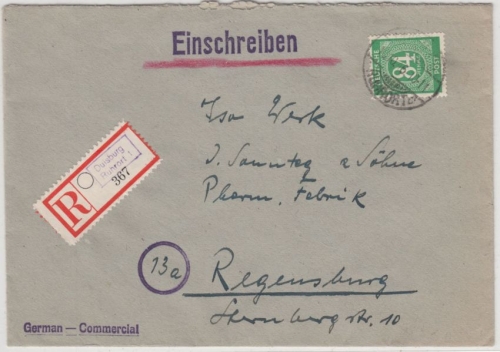 All.Bes. - Duisburg-Ruhrort 1 1946, Einschreibebrief n. Regensburg, ohne Inhalt