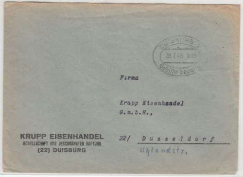 All.Bes. - Duisburg 2 - 28.7.45, Gebühr bezahlt, Brief n. Düsseldorf