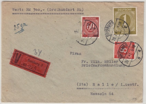 All.Bes. - 1 M.+60+8 Pfg. Ziffer, Wertbrief Duisburg 3/5 n. Halle 1947