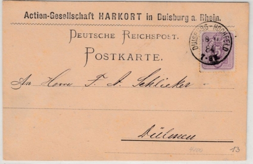 DR - Duisburg-Hochfeld 1884, K1 a. Postkarte (Vordruck Harkort AG) n. Dülmen