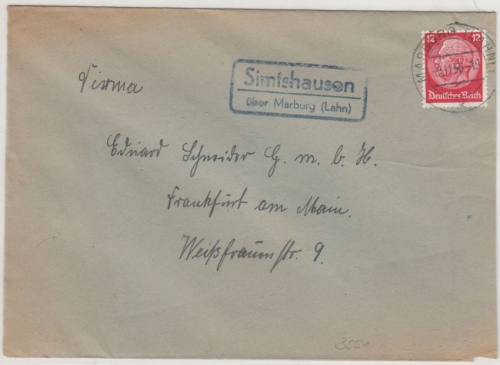 DR - Simtshausen ü. Marburg (Lahn), Landpost-Ra2 a. Brief n. Frankfurt a.M. 1936