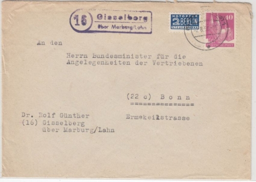 Bizone - (16) Gisselberg ü. Marburg/Lahn, Landpost-Ra2 a. Brief n. Bonn 1950