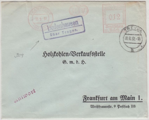 DR - Dodenhausen ü. Treysa, Landpost-Ra2 a. Antwort-Kuvert/12 Pfg. AFS 1937 n.