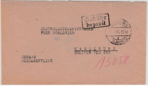 All.Bes. - Marburg (Lahn) 13.12.45, Gebühr bezahlt, brief n. Magdeburg