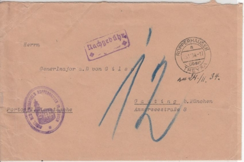 DR - Ropperhausen ü. Treysa 1934, Poststelle I, Dienstbrief/Nachporto n. Gauting