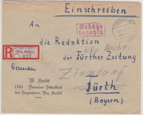 All.Bes. - Zigenhain (Bz. Kassel) 3.12.45, Gebühr bezahlt, Einschreibebrief n.