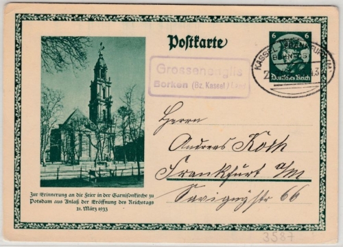 DR - Grossenglis Borken (Bz. Kassel) Land, Landpost-Ra2 a. GA-Karte 1933 n.