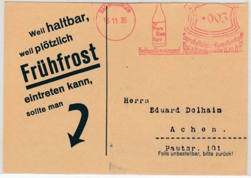 DR - Bad Wildungen 1935, 3 Pfg. AFS Reinhardsquelle, Drucksachenkarte n. Aachen