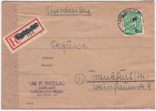 All.Bes. - Karlshafen 1948, Einschreibebrief n. Frankfurt a.M., ohne Inhalt
