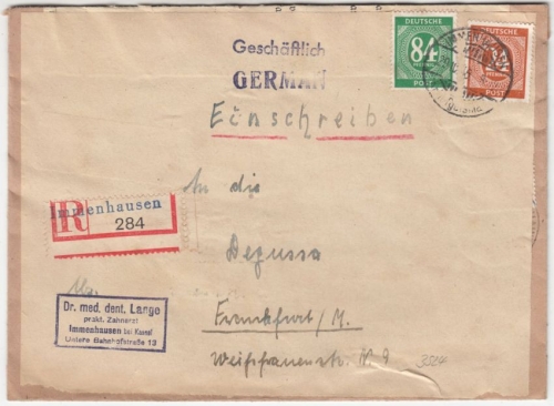 All.Bes. - Immenhausen (Kr. Hofgeismar) 1946, Einschreibebrief n. Frankfurt a.M.