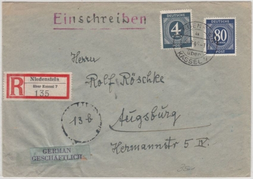 All.Bes. - Niedenstein ü. Kassel 7, Poststelle I, Einschreibebrief n. Augsburg