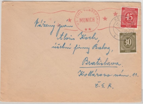 All.Bes. - 45+30 Pfg. Ziffer, Zensurbrief n. CSR, Gerolsbach - Bratislava 1946