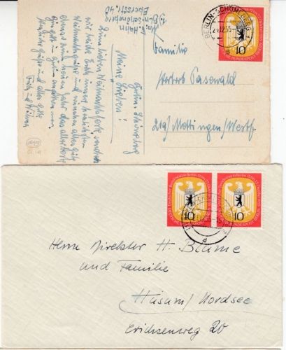 Berlin - 10+20 Pfg. Bundestag, 3 Belege (2x Fernbrief/1x Karte) 1955/56