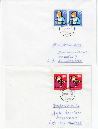 Berlin - Jugend 1974, je Mehrfachfrankatur, 4 Briefe/Briefdrucksache/Karte 1991