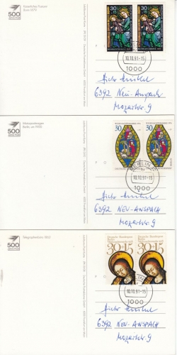 Berlin - Weihnachten 1976/78, je Mehrfachfrankatur ex Block, 3 Karten 1991