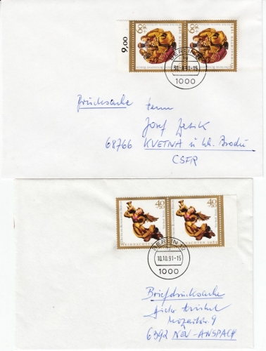 Berlin - Weihnachten 1989, je Mehrfachfrankatur, 2 Drucksachen 1991