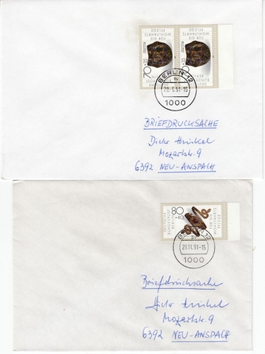 Berlin - Wofa 1987 je Mehrfachfrankatur, 4 Briefe/Briefdrucksache1991