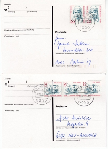 Berlin - 20 Pfg. Frauen, Paar Ortskarte Berlin, 3x20 a. Karte Neu-Anspach 1990