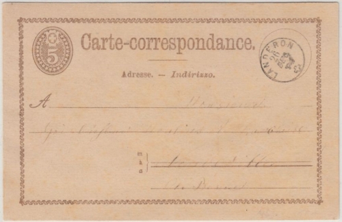 Schweiz - Landeron, kl. K1 a. 5 Rp GA-Karte 1874