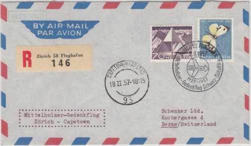 Schweiz - 40 Rp. Juventute 1956 u.a., Lupo-Einschreibebrief/Gedenkflug 1957