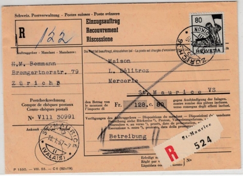 Schweiz - 80 Rp. Hist. Darst., R-Einzugsauftrag Zürich - St. Maurice 1957