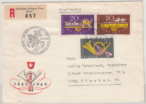 Schweiz - 100 J. Eidgen. Post Schmuck-Einschreibebrief + SST Bern - München 1949