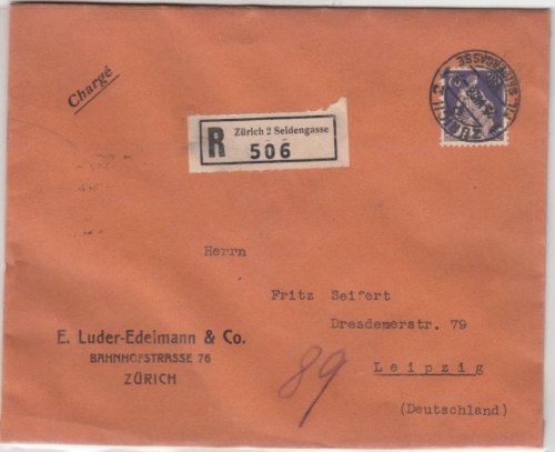 Schweiz - 70 Rp. sitz. Helvetia, Einschreibebrief Zürich 2 Seidengasse 1928 n.