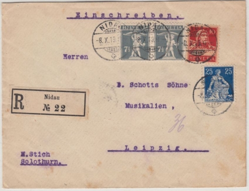 Schweiz - 25 Rp sitz. Helvetia u.a., Einschreibebrief Nidau - Leipzig 1919