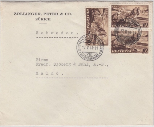 Schweiz - 3x10 Rp. Anbauwerk, Brief n. SCHWEDEN, Zürich - Malmö 1941