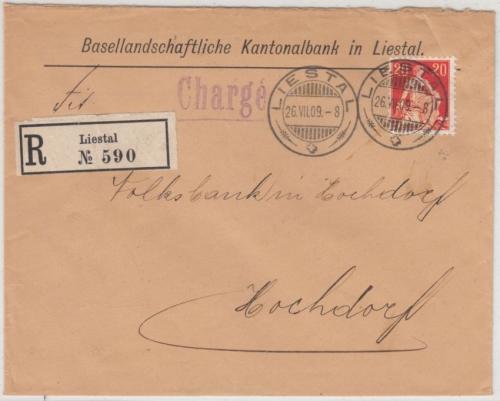 Schweiz - 20 Rp sitz. Helvetia, Einschreibebrief Liestal - Hochdorf 1909