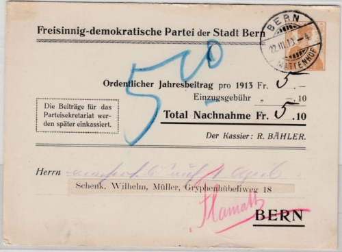 Schweiz - 12 Rp Helvetia Privat-GA-Karte Freisinnig Demokr. Partei, Bern 1913