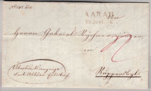 Schweiz - Aarau 1844 L2 Dienstbrief n. Rupperswyl - mit Inhalt