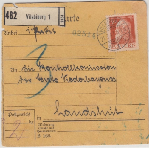 Bayern - 30 Pfg. Luitpold, Paketkarte Vilsbiburg - Landshut 1917 (späte Verw.)