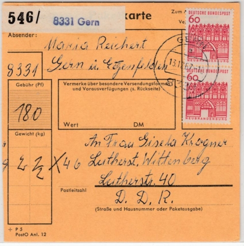 BRD - 3x60 Pfg. Bauwerke I, Paketkarte Gern - Wittenberg/DDR 1967
