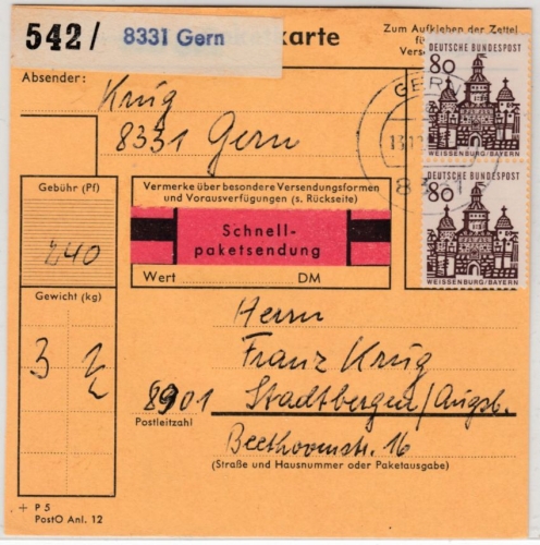 BRD - 3x80 Pfg. Bauwerke I, Schnellpaketkarte Gern - Stadtbergen 1967