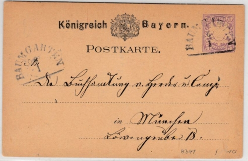 Bayern - Baumgarten 6/1 (1880), HKS a. 5 Pfg. GA-karte n. München