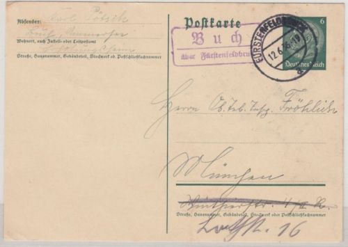 DR - Buch ü. Fürstenfeldbruck, Landpost-Ra2 a. 6 Pfg. GA-Karte n. München 1936