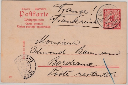 Bayern - 10 Pfg. Rauten GA-Karte n. FRANKREICH K2 Bruck (Fürstenfeld) 1907 n.