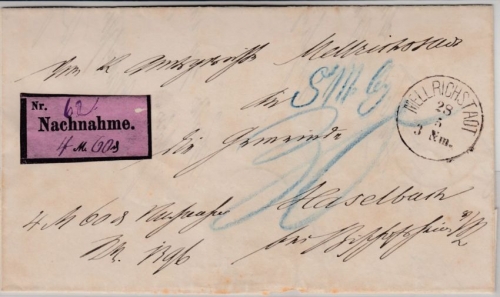 Bayern - Mellrichstadt 1880 K1 a. unfrank. Nachnahmebrief/Nachporto n. Haselbach