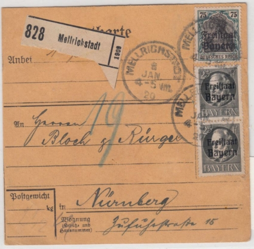 Bayern - 75 Pfg. Germania/Freistaat u.a. Paketkarte Mellrichstadt -Nürnberg 1920