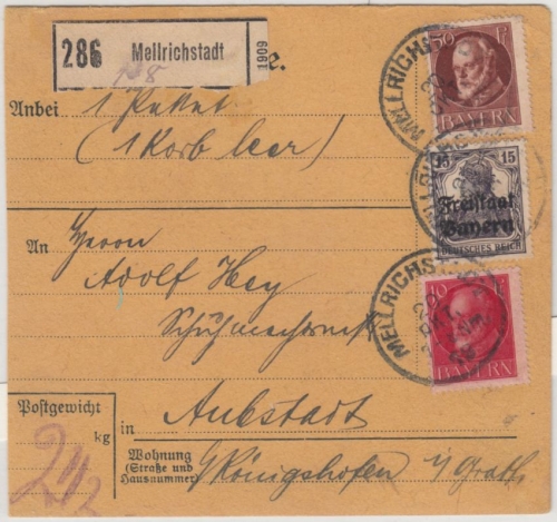 Bayern - 15 Pfg.Germania/Freistaat u.a. Paketkarte Mellrichstadt - Aubstadt 1919
