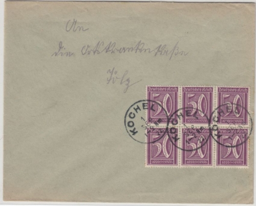 DR-Infla - 50 Pfg. Ziffer, 6er-Block, Brief K1 Kochel - Tölz 1922, ohne Inhalt