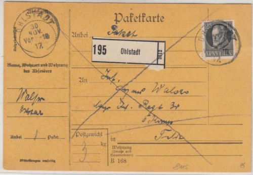 Bayern - 25 Pfg. Ludwig, Paketkarte Ohlstadt - Front/30. bay. Inf.Rgt. - 1917