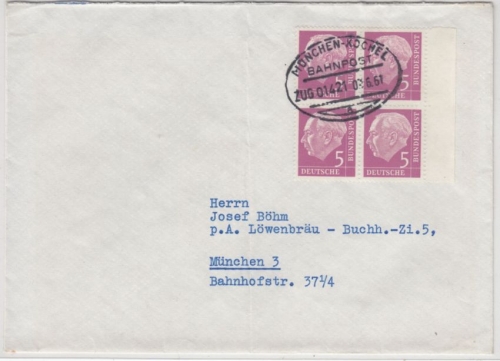BRD - 5 Pfg. Heuss, 4er-Block, Brief Bahnpost München - Kochel, Zug 1421 1961 v.