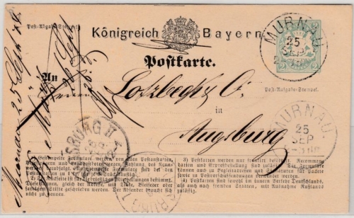 Bayern - Murnau (1874), K1 a. 2 Kr. GA-Karte n. Augsburg