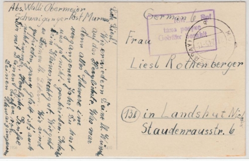All.Bes. - Murnau 27.12.45, Taxe percue/Gebühr bezahlt Ra3 a. Karte n. Landshut