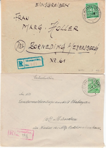 All.Bes. - Murnau 1946/48 roter bzw. grünblauer R-Stempel, Einschreibebriefe