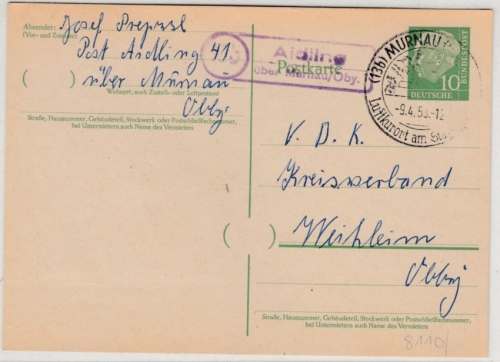 BRD - (13b) Aidling ü. Murnau, Landpost-Ra2 a. 10 Pfg. GA-Karte n. Weilheim