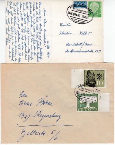 BRD - Bahnpost München-Kochel Zug 01421, 01413, 01400 - 2 Briefe/1 Karte 1954/59
