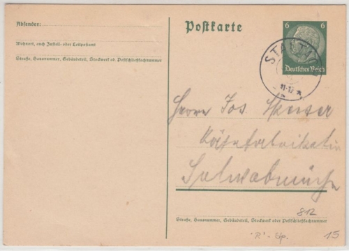 DR - Staltach 1934, K2 Reserve-Stempel a. 6 Pfg. GA-Karte n. Schwabmünchen